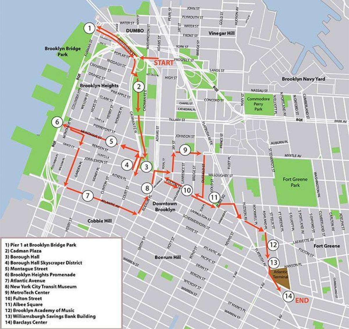 Mappa dei tour a piedi di Brooklyn